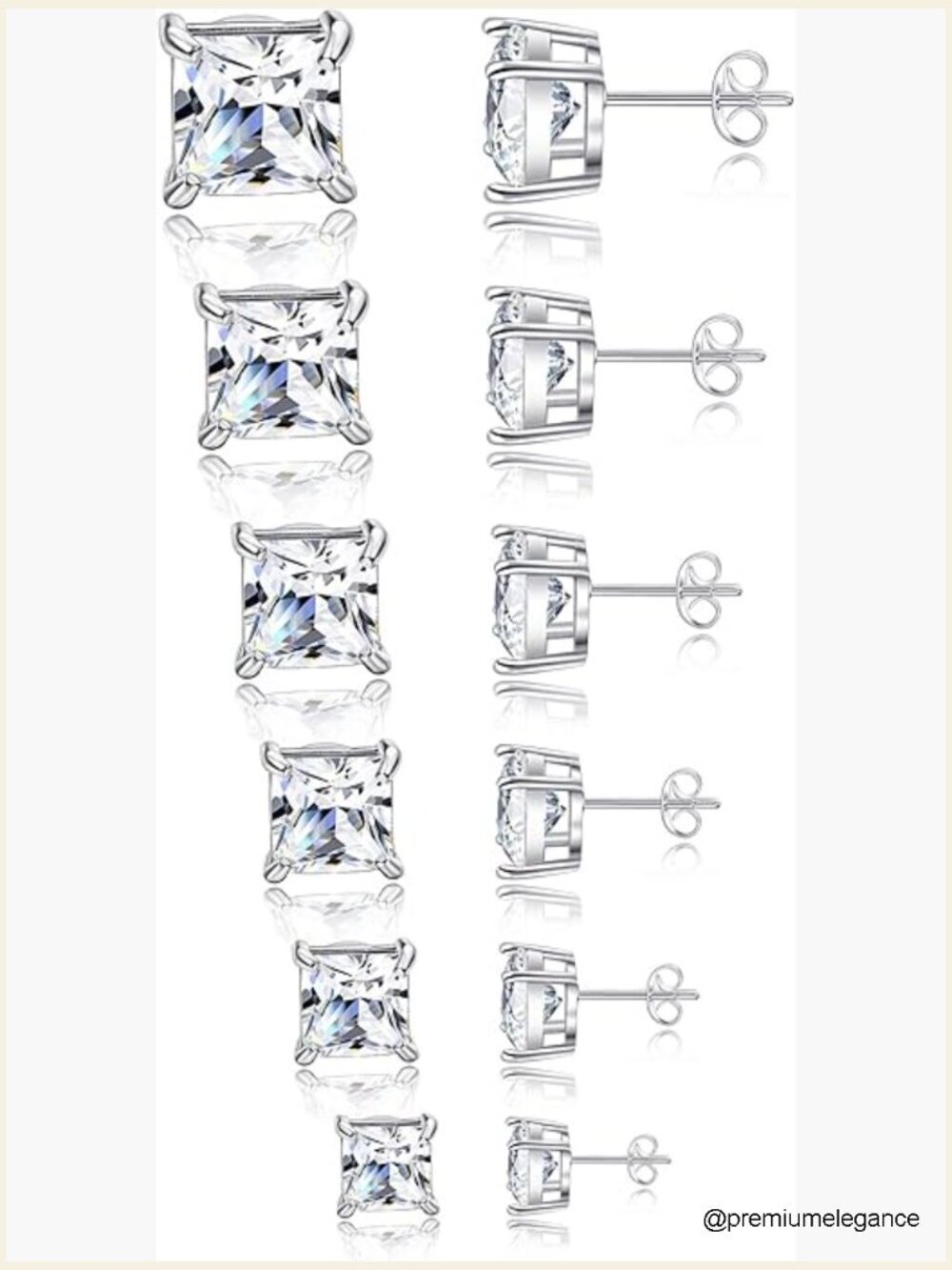 20G Stainless Steel Stud Earrings Set of 6 Pairs with Cubic Zirconia 3-8mm